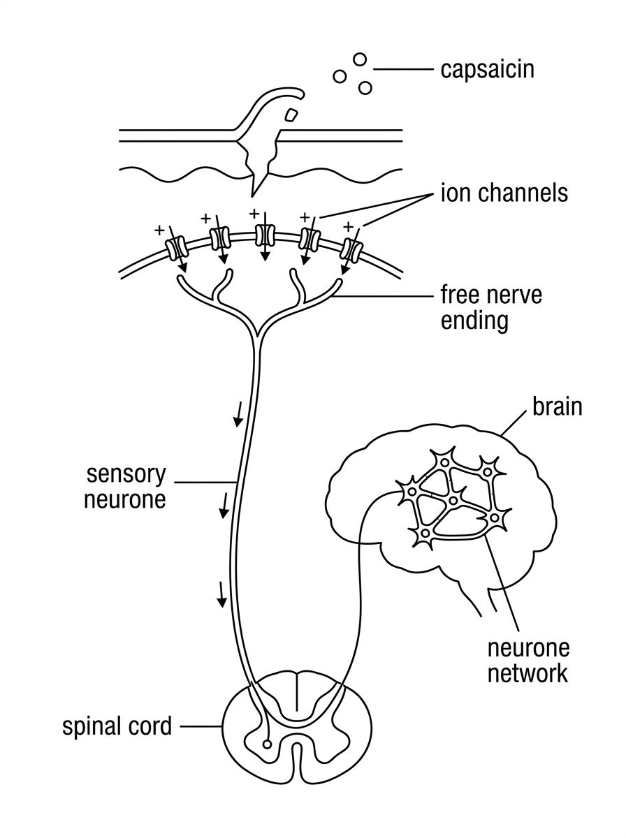 A diagram linking skin to brain. In the skin, a free nerve ending is shown near damaged tissue or capsaicin molecules, with ion channels in its membrane. A sensory neuron pathway leads towards the spinal cord and brain, where many interacting neurons are represented as a network. The diagram should show stimulus detection and brain processing without labelling consciousness as an emergent property.