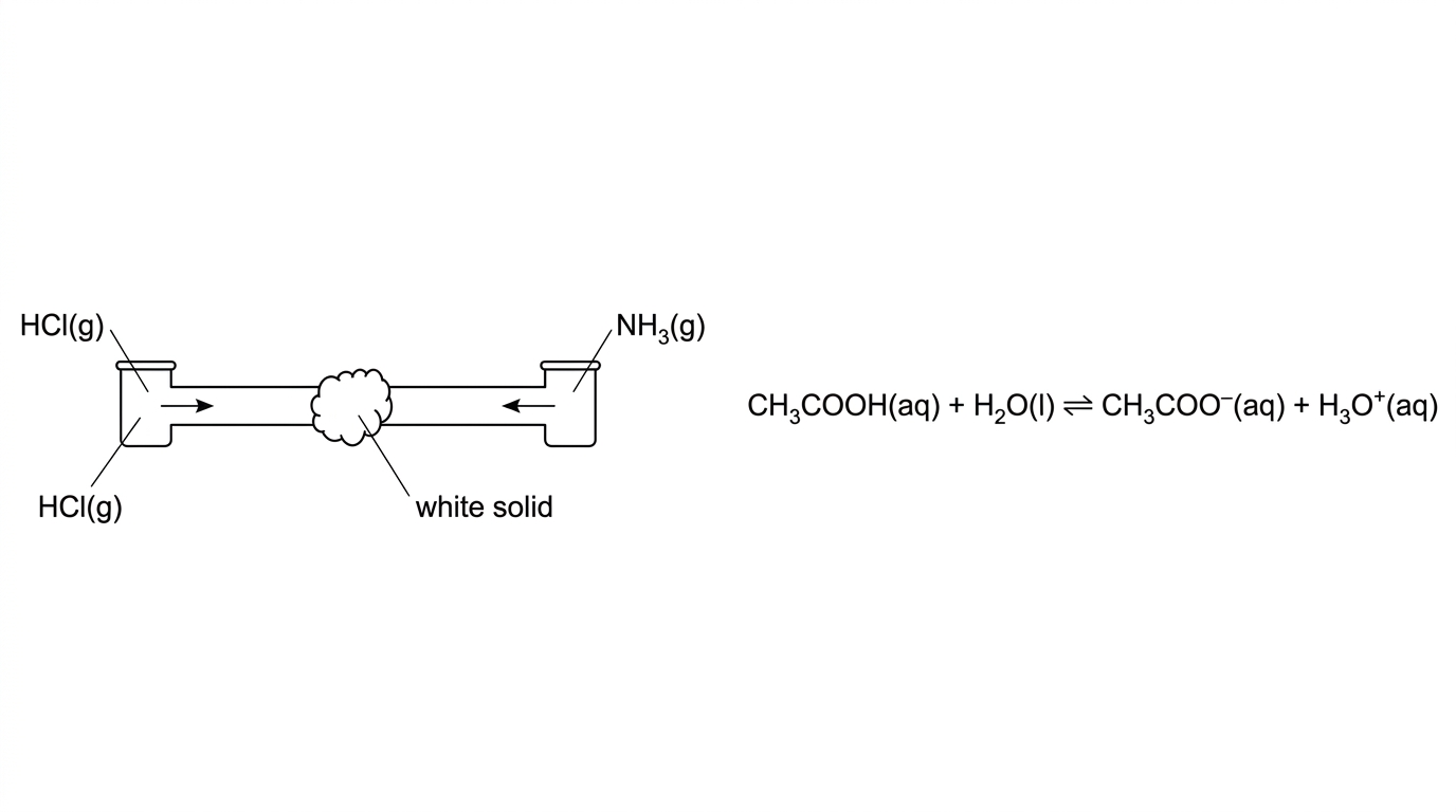 Annotated stimulus with two panels: one showing dry gas jars or glass tubes containing ammonia and hydrogen chloride producing a white solid where the gases meet; another showing an aqueous equilibrium equation for ethanoic acid reacting with water, with species labels but without indicating which species are acids or bases.
