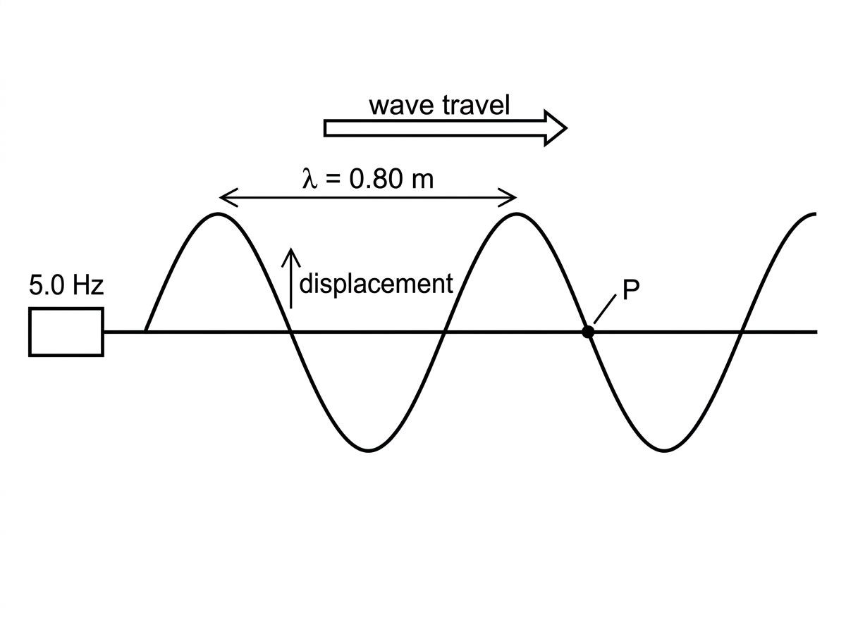 A snapshot of a sinusoidal transverse wave on a horizontal rope travelling to the right. The direction of wave travel is shown by a horizontal arrow. Point P is labelled at an equilibrium crossing on a section where the curve slopes downwards as position increases. Adjacent crests are indicated by a horizontal double-headed arrow labelled as the wavelength separation. The vertical displacement direction is labelled.