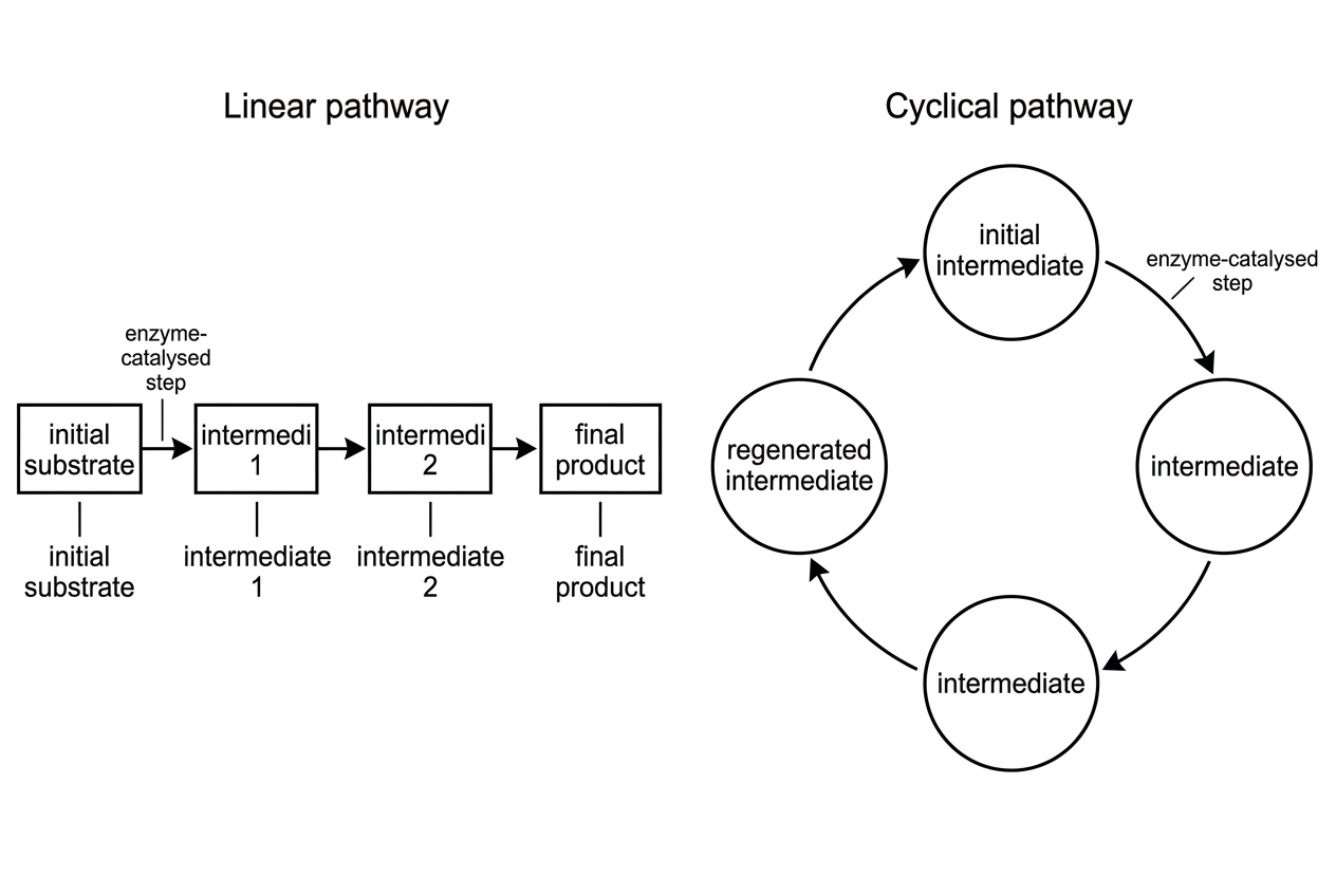 A simple pathway diagram with two panels. One panel shows a linear sequence of enzyme-catalysed steps from an initial substrate through intermediates to a final product. The other panel shows a circular sequence of enzyme-catalysed steps in which intermediates are regenerated and the cycle can repeat. Labels identify initial substrate, intermediates, final product, regenerated intermediate and enzyme-catalysed step.