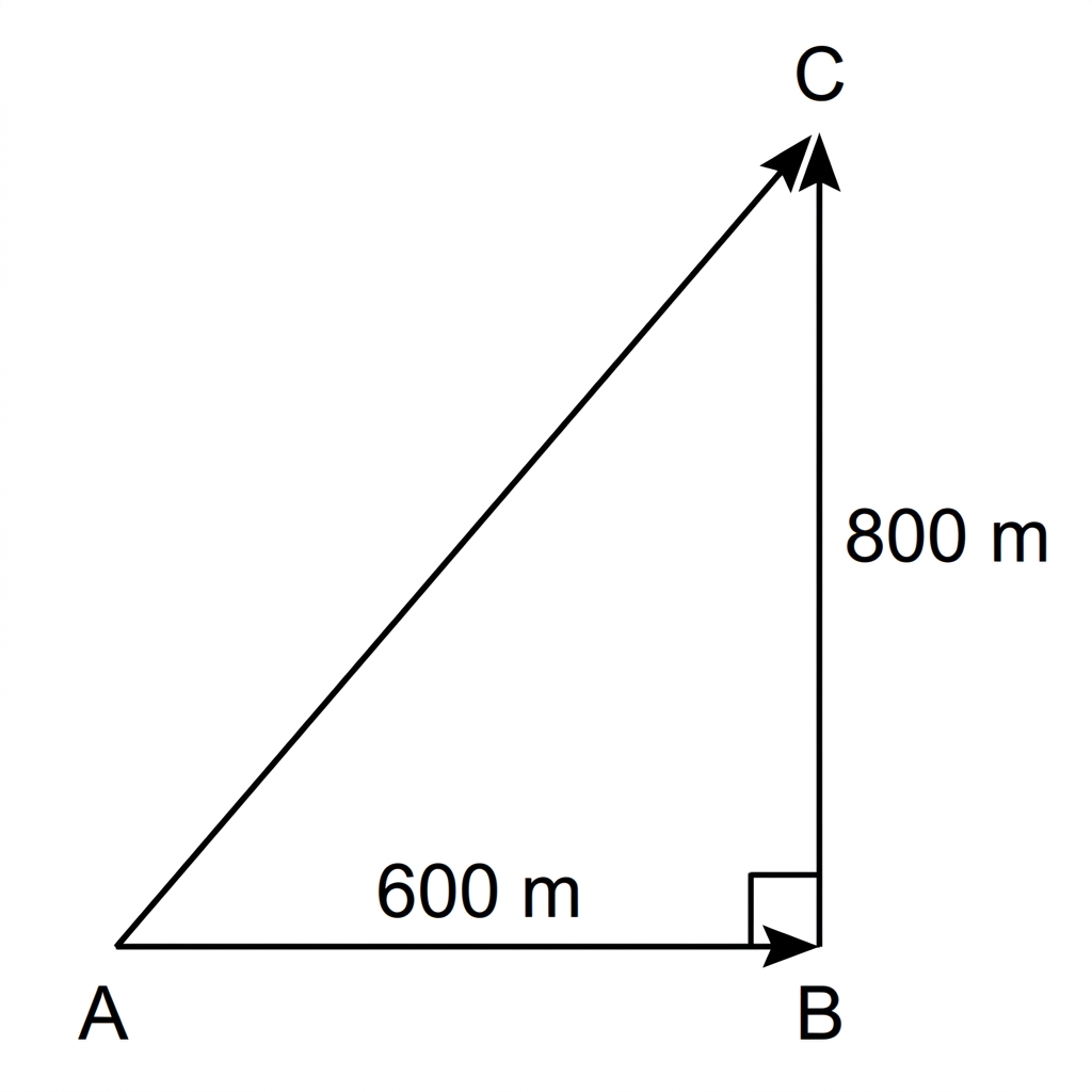 A plan-view right-angle route diagram with points A, B and C. Segment AB is horizontal towards the east and segment BC is vertical towards the north. The lengths of the two route segments are labelled, and a straight displacement vector from A to C is shown without its magnitude or direction calculated.