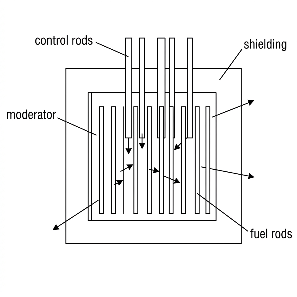 A simplified cross-section of a reactor core. Fuel rods are arranged in a regular array within a moderator region. Control rods are shown partly inserted between fuel rods. Arrows represent neutrons moving between rods, with some arrows leaving the core and some ending at control rods. Components are labelled fuel rods, moderator, control rods and shielding.