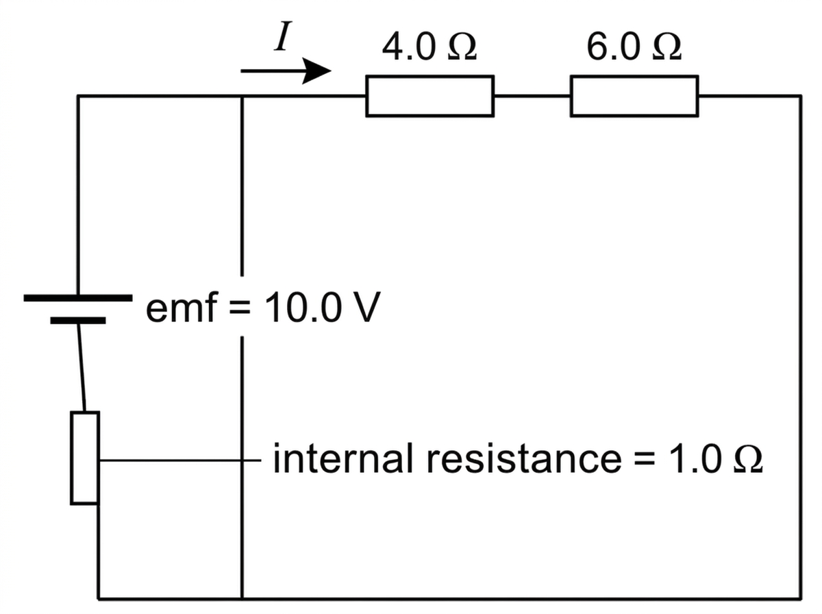 Circuit diagram showing a cell labelled emf 10.0 V with internal resistance 1.0 Ω in series with external resistors 4.0 Ω and 6.0 Ω; current direction marked using conventional current.
