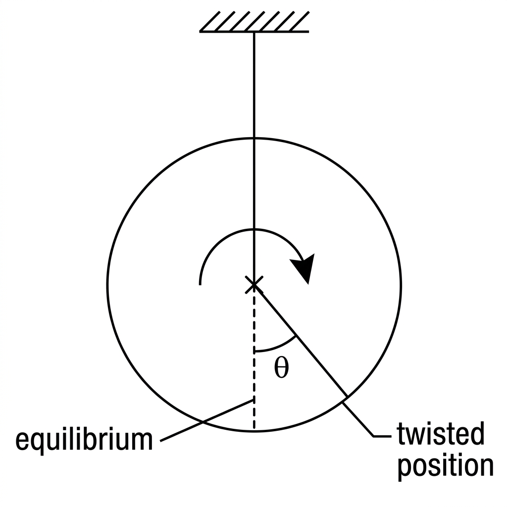 Diagram of a horizontal disc suspended by a vertical torsion wire. The equilibrium position and a twisted position are indicated with an angular displacement label. A restoring torque arrow points back toward equilibrium.