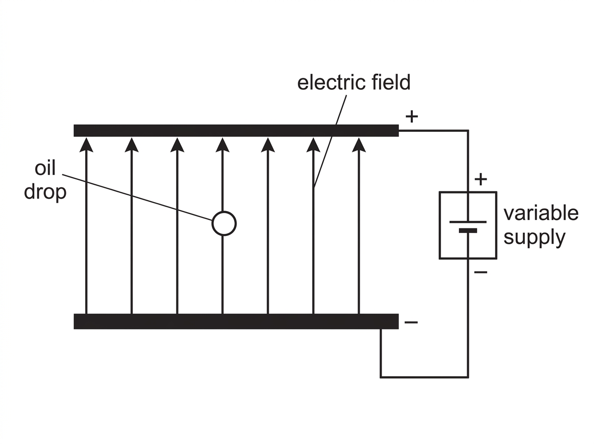 Oil drop between two horizontal parallel plates connected to a variable supply; show vertical electric field direction and the stationary drop but do not give numerical values.