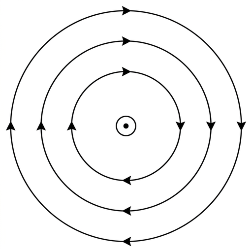 A black-and-white diagram showing a central wire as a circle with a dot symbol indicating current out of the page. Several concentric circular magnetic field lines are centred on the wire. Arrowheads on all circles show a clockwise direction. Field-line spacing increases slightly with distance from the wire. Styling is simple and comparable to the other options.