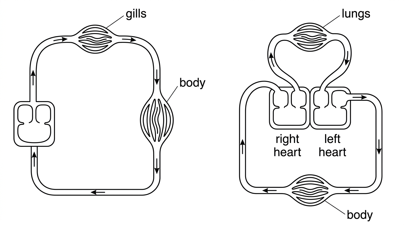 Two simple circuit diagrams side by side: fish heart to gills to body to heart; mammal right heart to lungs to left heart to body to right heart; arrows show direction but circuits are not named.