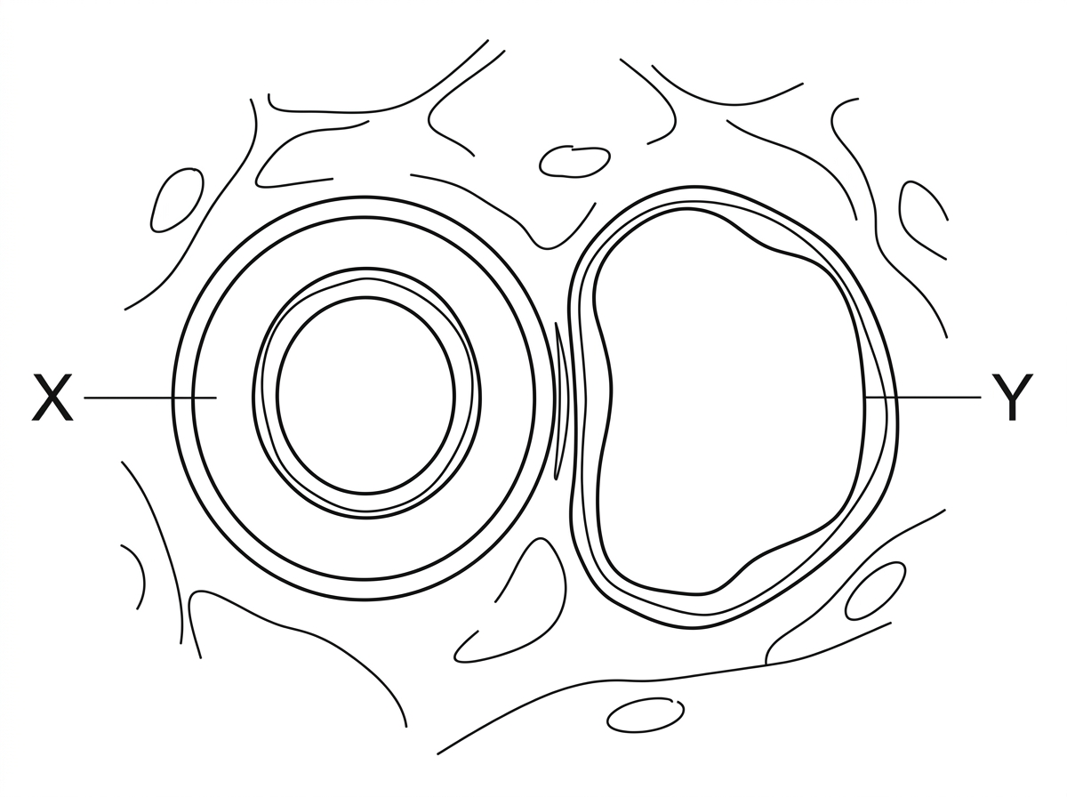 Micrograph-style transverse section showing one thick-walled rounded vessel and one thinner-walled vessel with a wider irregular lumen; labels X and Y only, with no tissue names.