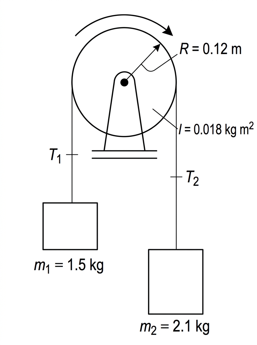 Atwood machine diagram with two hanging masses connected by a string over a pulley. The pulley radius and moment of inertia are labelled. The heavier mass is on one side. Tensions on the two sides of the string are labelled separately, and an arrow shows the angular acceleration of the pulley.
